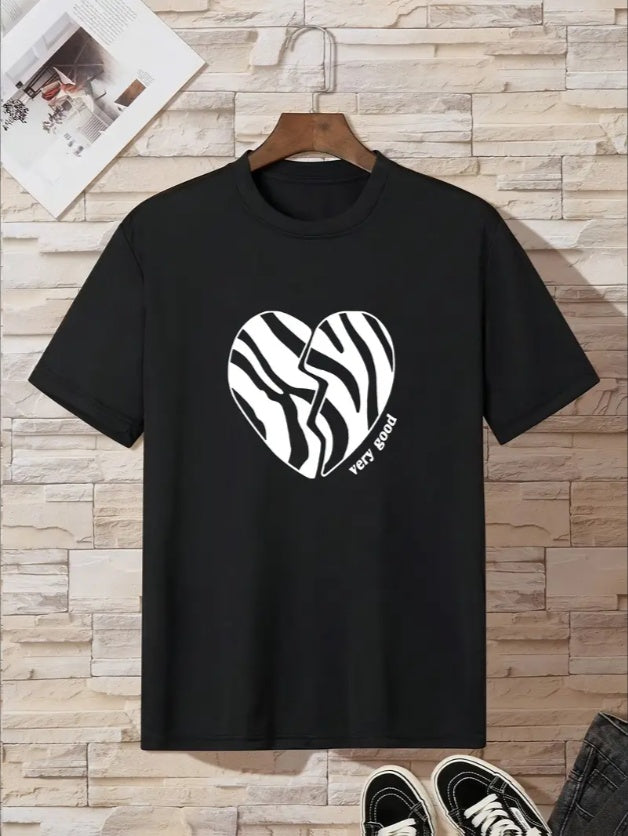 Boys zebra stripe heart print t-shirt front view, Casual boys t-shirt with zebra stripe heart design, Lightweight short sleeve tee for boys with heart print, Trendy boys zebra print graphic t-shirt, Comfortable boys summer outfit with heart print tee
