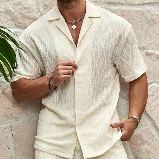 Men's solid color tracksuit shirt and shorts set, Casual two-piece men's summer outfit, Comfortable men's lapel button shirt and shorts set, Stylish men's beach holiday tracksuit, Loose-fitting summer tracksuit for men
